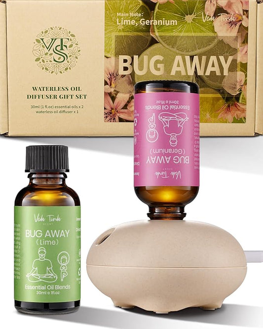 VTS Pure Natural Essential Oils Set with Waterless Diffuser, Aromatherapy Oils Blends for Home, Office, Bedroom, Bathroom (1 fl.oz Geranium Scent Oil & 1 fl.oz Lime Scent Oil & Portable Diffuser)