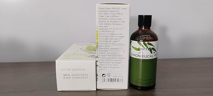 Lemon Eucalyptus 3.38fl.oz Essential Oil, PHATOIL Pure Aromatherapy Oils for Diffuser, Humidifier, Perfect for DIY Soap, Candle, Bath Bombs Making(100ml)