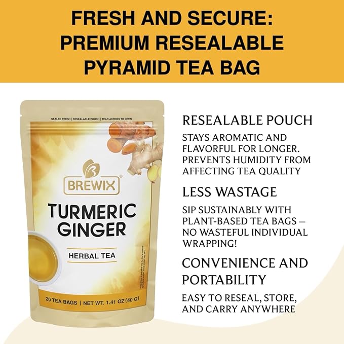 BREWIX, Turmeric Ginger Herbal Tea Bags (20 Pyramid Tea Bags) Real Ingredients From India, Naturally Caffeine Free | Pure Herbal Blend | Packed in Resealable Ziplock Pouch