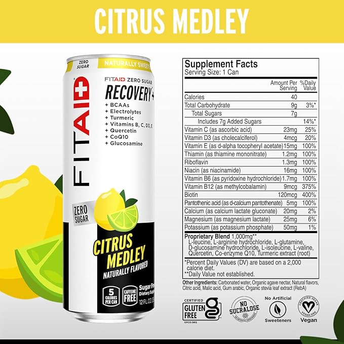FITAID Zero, 5 Calorie, Number 1 Post-Workout Recovery Drink, Sugar Free, Keto Diet, BCAAs, Quercetin, Glucosamine, Green Tea, 12 Fl Oz (Pack of 24)