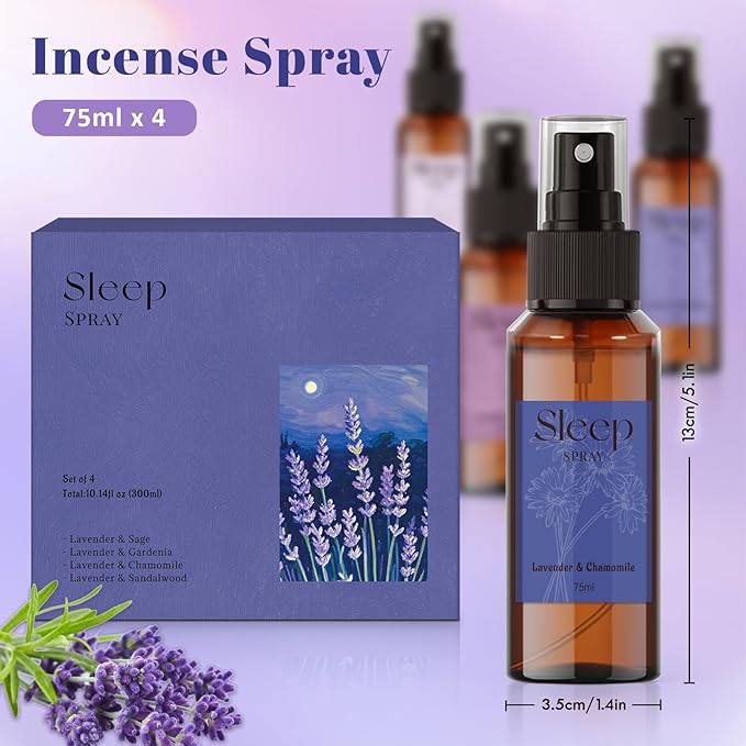 STRN Sleep Spray, Relaxing Lavender Essential Oil Mist, Pillow Spray for Deep Sleep, 4 Lavender Scented - Gardenia, Sage, Chamomile, Sandalwood, Sweet Dream & Floral Aroma, 75 ML x 4