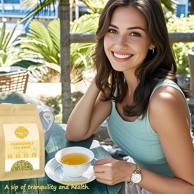 Ovikaso Tea, Chamomile Tea Bags, 50 Pyramid Tea Bags, 1.5g/bag, 100% Natural, Herbal Tea for Relaxation, Direct from Source, Non-GMO, No Caffeine