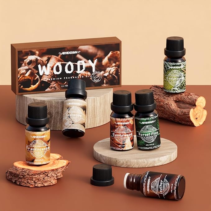 Woody Essential Oils Set, ARVIDSSON Woodsy Fragrance Oil for Candle Making, Sandalwood, Leather, Teakwood, Frankincense, Cedarwood, Pine, Diffuser Essential Oil for Men and Women