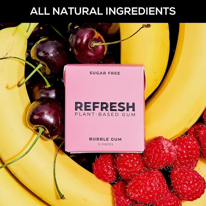 Refresh Gum, Xylitol, Sugar Free, Natural, Chewing Gum, Natural Flavors & Organic Ingredients, Plant-Based, Non GMO, Gluten Free, Vegan, Peppermint, Bubble Gum & Peach, 12 Pcs, 6 Pack