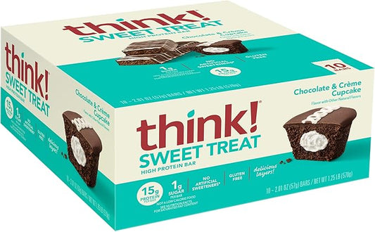 think! Protein Bars, High Protein Snacks, Gluten Free, Kosher Friendly, Sweet Treat, Chocolate & Creme Cupcake, 10 Count (Packaging May Vary)