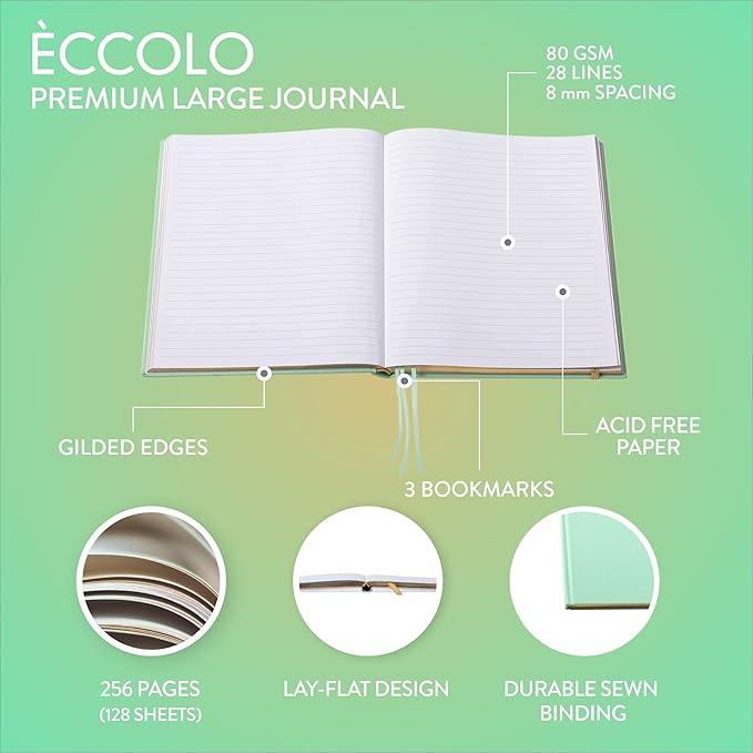 WORLD TRAVELER Eccolo Large Lined Journal Notebook, Fabric Hardcover, Writing Journal, 256 Ruled White Pages, Gilded Edge, Elastic Band, 3 Ribbon Bookmarks, Lay Flat (Mint, 8x10 inches)