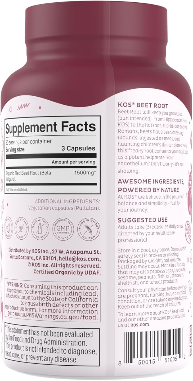 KOS Organic Beetroot Capsules 1500mg - USDA Organic, Antioxidant Power from Organic Beet Root Superfood, Supports Healthy & Active Lifestyle - Non-GMO, Vegan and Keto Friendly - 180 Capsules