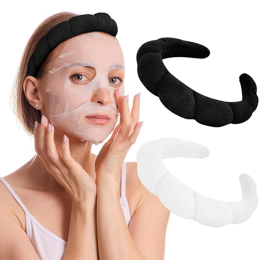 AMCAMI 2 PCS Puffy Spa Headband for Women Sponge Headbands for Girls Terry Towel Cloth Fabric Head Band for Skincare, Makeup Removal, Face Washing, Facial Mask, Shower, Hair Accessories (Black&White)