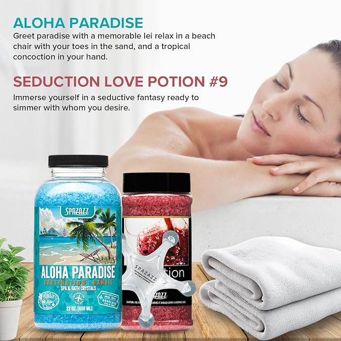 Spazazz Spa and Bath Salt Aromatherapy Crystals for Hot Tub - Gift Bundle Set The Mood Love Potion #9 Seduction 17oz - Destinations Hawaii Aloha Paradise 22oz with 5 Point Full Body Massage Tool