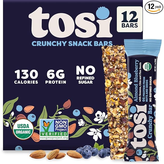 Tosi Almond Blueberry Protein Bars, Plant Based with Nuts, Gluten-Free Crunchy Snacks, Vegan, Organic, Flax & Chia Seeds, Soy-Free, Omega 3s, 5G Protein, 1 oz, 12-Pack