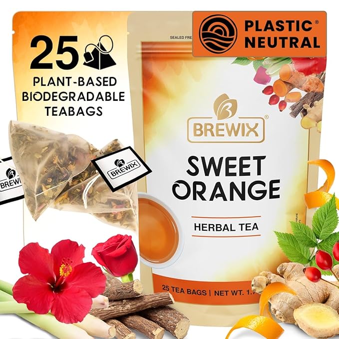 BREWIX, Sweet Orange Hibiscus Tea Bags (25 Pyramid Tea Bags) Caffeine-Free Herbal Tea | Ginger, Hibiscus, Spearmint, Rosehip, Turmeric | Supports Daily Balance & Calm | For Health & Wellbeing | Iced and Hot