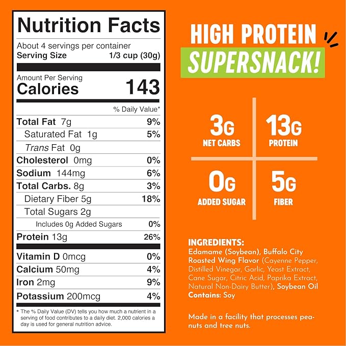 The Only Bean - Crunchy Roasted Edamame Beans (Buffalo), Keto Snacks, Healthy Snacks For Adults and Kids, Low Carb High Protein Snacks, Gluten Free Snack, Vegan Keto Food - 4 oz (3 Pack)