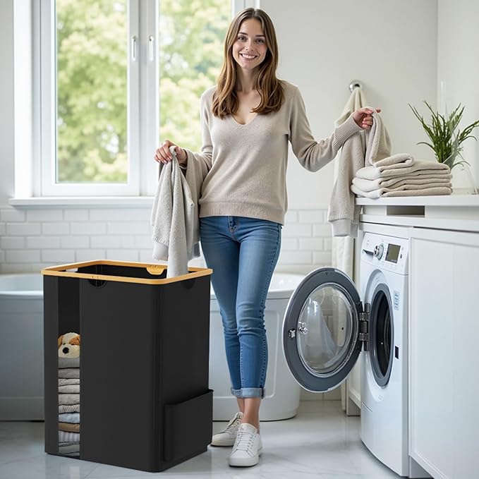 Laundry Basket Clothes Hamper with Lid and Side Pocket Large Collapsible Laundry Baskets with Handle, Freestanding Hampers for Bedroom Aesthetic, Dorm, Bathroom, Laundry Room (150L, Black)