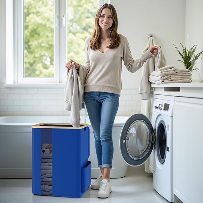 Laundry Basket Clothes Hamper with Lid and Pocket Large Collapsible Laundry Baskets with Handle, Blue Freestanding Hampers for Bedroom Aesthetic, Dorm, Bathroom, Laundry Room (80L)