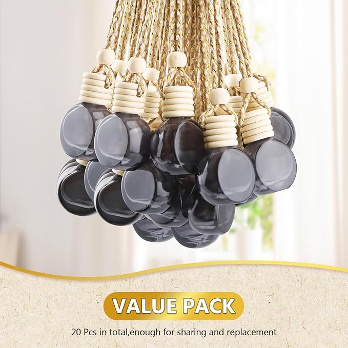 ConStore 20 Pack Black Hanging Car Air Freshener Bottle Empty Car Essential Oil Diffuser Bottles Pendant Black Glass Perfume Bottles Aromatherapy Fragrance Bottle Auto Ornaments Decor (oblate)