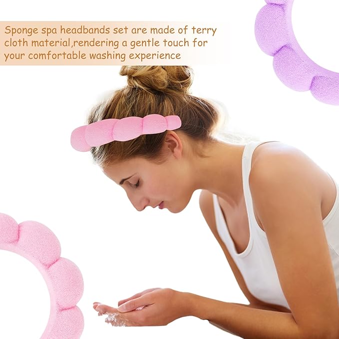 AMCAMI Puffy Spa Headband for Women Sponge Headbands for Girls 2 PCS Terry Towel Cloth Fabric Head Band for Skincare,Makeup Removal,Face Washing,Facial Mask,Shower,Hair Accessories(Purple&Light Pink)