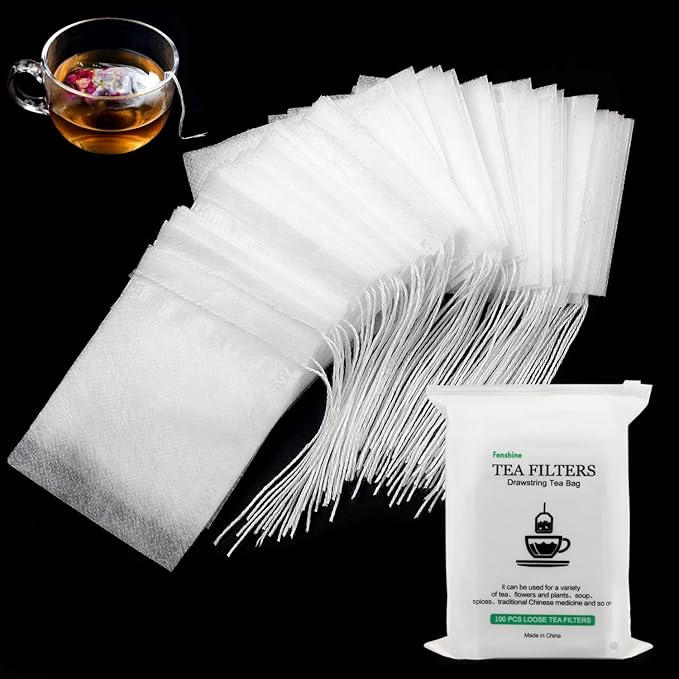 100 Pcs Disposable Tea Bags for Loose Leaf Tea, Biodegradable Tea Filter Bags with Drawstring, Corn Fiber Empty Tea Bags for Loose Leaf Tea (3.54 x 2.75 inch)