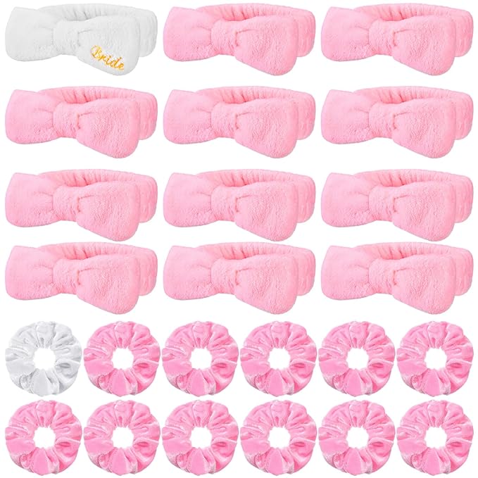 24 Pcs Bachelorette Party Favors Include 12 Bride Bridesmaid Spa Headband 12 Bridesmaid Gifts Scrunchies for Women Sleepover Spa Bachelorette Party Accessories Supplies(White,Pink)