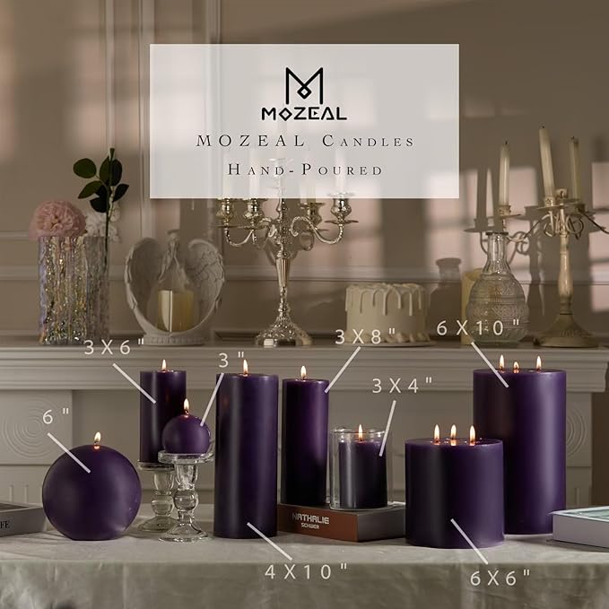 MOZEAL 3" x 6" Hand-poured Unscented Candle,Dripless Pillar Candle Set of 3,Long Lasting Burning,Approx 120 Hours Burn Time,Rustic Country Style,for Wedding,Dinner,Christmas and Home Decor,Dark Purple