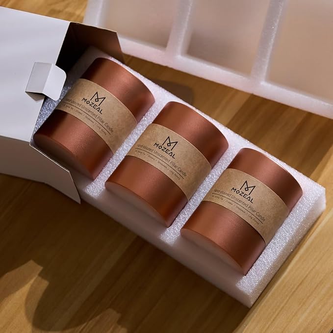 MOZEAL 3" x 8" Hand-Poured Unscented Large Candle, Smokeless Rustic Pillar Candle Set of 2, Slow Burn, No Drip, Approx 150 Hours Burning, Wedding, Dinner, Fall and Home Decorative, Tall Copper Candle