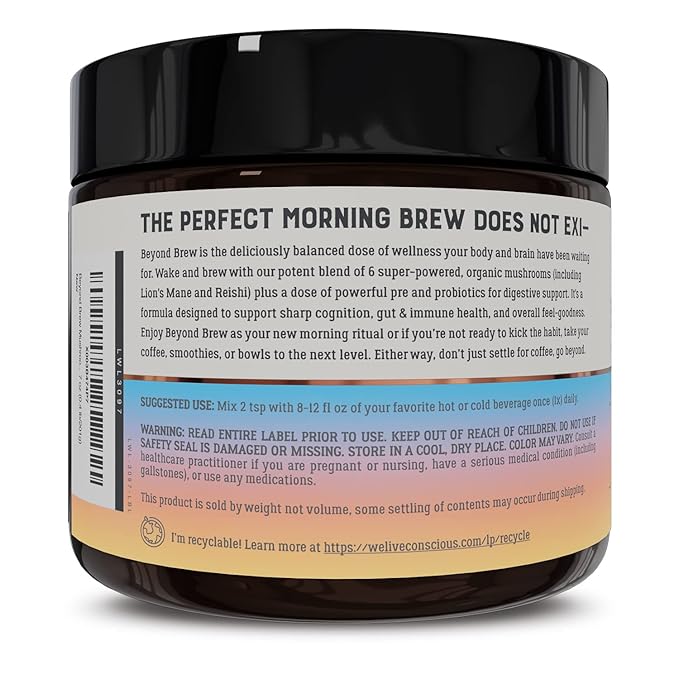 Live Conscious Beyond Brew - Superfood Coffee Alternative - Low Caffeine - Powerful Mushroom Complex - Lion’s Mane, Reishi, Cordyceps & Chaga for Sustained Focus, Energy & Immunity - Prebiotics & Probiotics Supports Gut Health - 30 Servings (3-Pack)