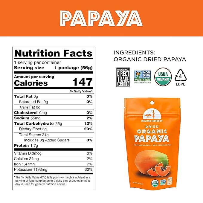 Mavuno Harvest Papaya Dried Fruit Snacks | Organic Dried Papaya Slices | Gluten Free Healthy Snacks for Kids and Adults | No Sugar Added, Vegan, Non GMO, Direct Trade | 2 Ounce, Pack of 6