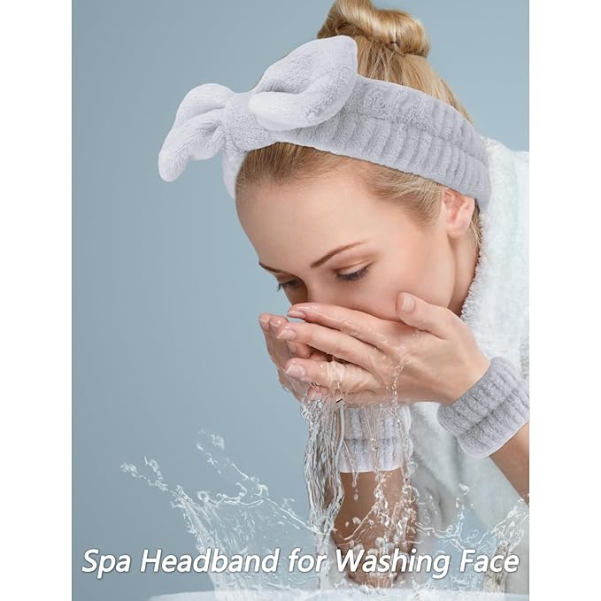 VELSCRUN 6 Pack Spa Headband, Makeup Headband, Face Wash Headbands, Skincare Headbands, Grey Sponge Hair Band Bow Tie Spa Head Band for Washing Face Wristband Set Hair Accessories for Women Girls