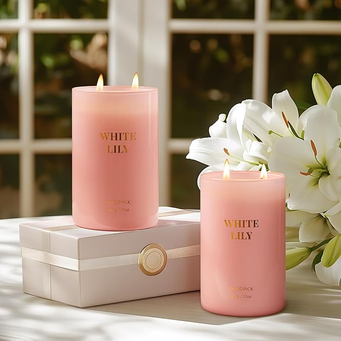 Goodpick Scented Candle White Lily, Soy Wax 22oz Long Burning 120H, Fresh Floral Citrus & Woody Musk, Home Aromatherapy Candles