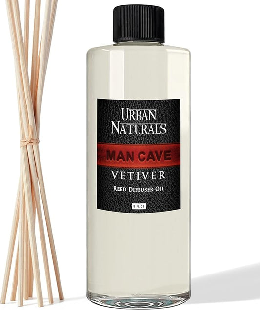 Urban Naturals Reed Diffuser Oil Refill Man Cave Vetiver with Oud, Amber, Frankincense 8 oz + Free Reed Sticks, Made in The USA