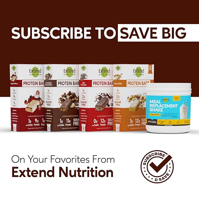 Extend Sugar Free Protein Bars, Perfect Diabetic Snacks, High Protein and Fiber, Hunger Control & Steady Energy, Low Carb, Keto Friendly (12 Count, Variety Pack)