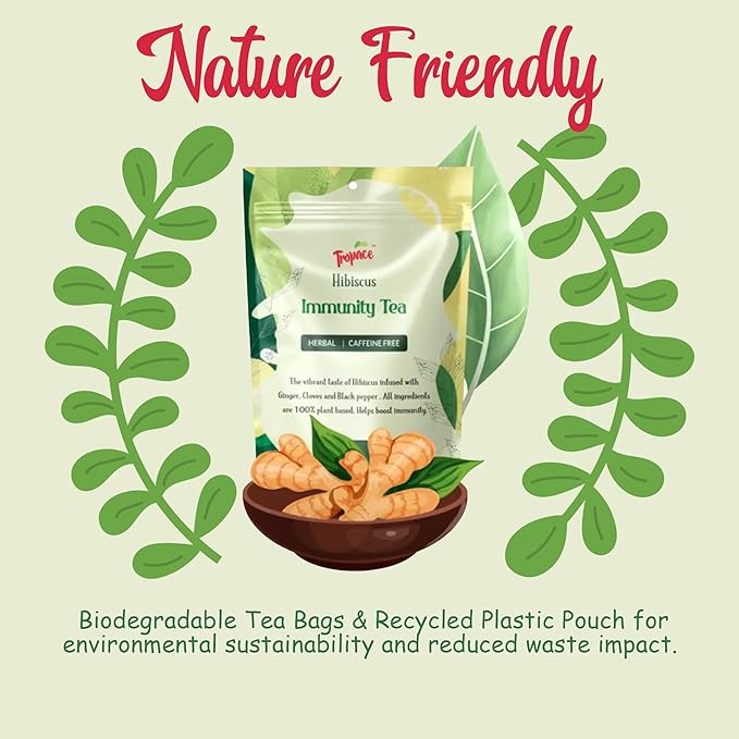 Tropace Organic Immunity Hibiscus Herbal Tea ā 20 Tea Bags, Infused with Ginger, Cloves & Black Pepper, Caffeine-Free, Rooted in Egypt & Packed in USA, 1.4 oz (40g)
