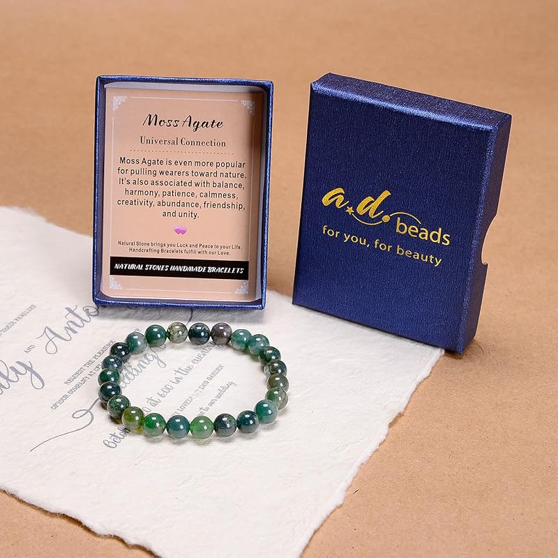AD Beads Handmade Gemstone Stretch Elastic Bracelet Crystal Healing Reiki Nature's Beauty and Spiritual Essence Unisex (8mm, Moss Agate (Universal Connection))