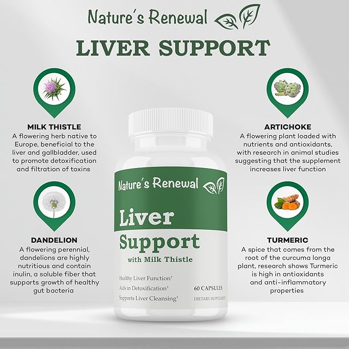 Nature's Renewal Liver Support Supplement – Cleanse Detox Repair Renew Recovery Formula with Milk Thistle, Dandelion Root, Artichoke Extract, Choline, Turmeric – 60 Capsules