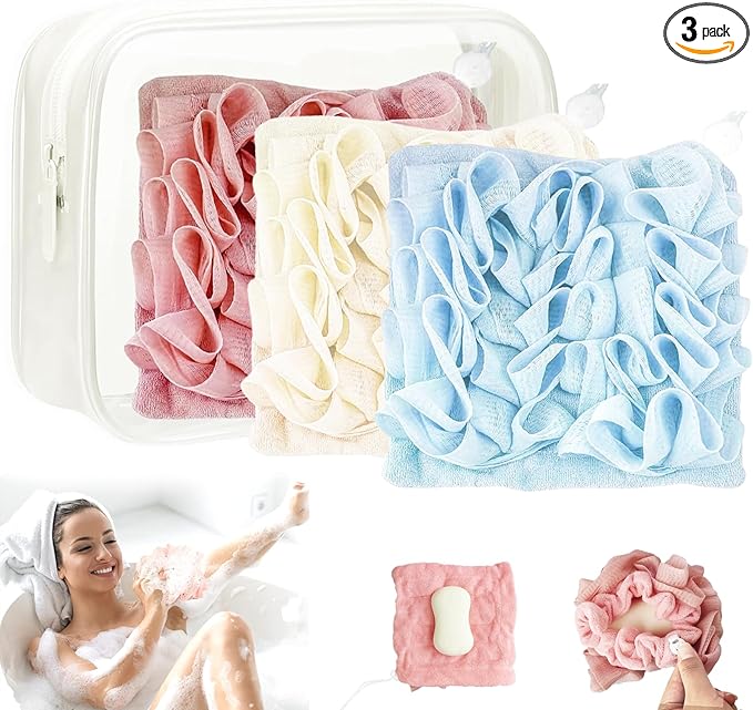 3pcs Washcloth Loofah with Portable Traveling Case 2 in 1 Bar Soap Pouch Combo Shower Loofah Bath Sponge Exfoliating Body Scrubber for Body Wash Cleansing and Smooth Skin