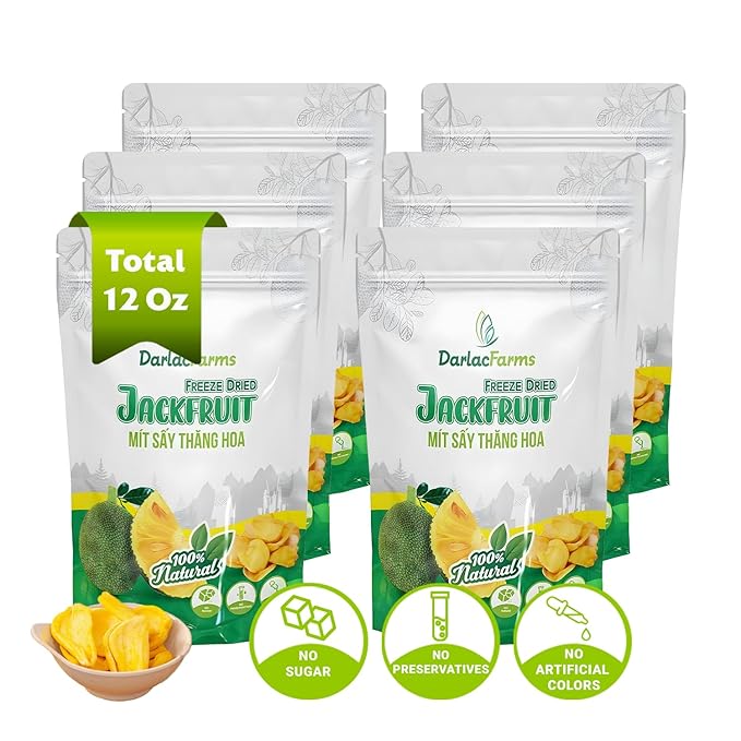 DARLAC FARMS Freeze Dried Jackfruit Bites, Pack 6, Premium Organic Crispy Crunchy Natural Healthy Fruit Snacks for Kids & All Ages, No Sugar Added, 12 Oz (2 Ounce Each)