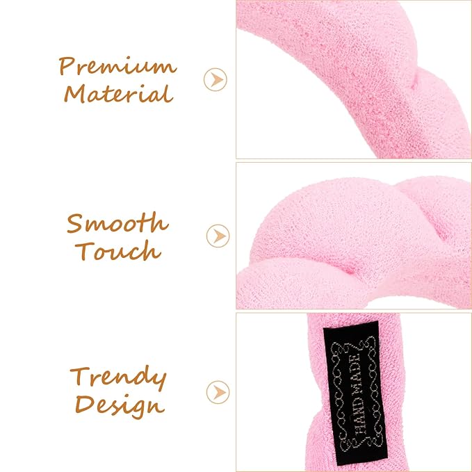 AMCAMI 2 PCS Puffy Spa Headband for Women Sponge Headbands for Girls Terry Towel Cloth Fabric Head Band for Skincare,Makeup Removal,Face Washing,Facial Mask,Shower,Hair Accessories(Green&Light Pink)