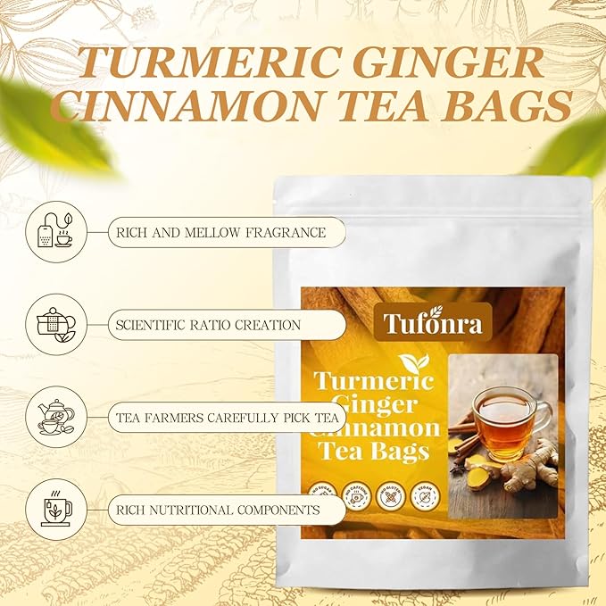 Premium Turmeric Ginger Cinnamon Tea Bags, Turmeric Cinnamon Ginger Tea, 100% Natural Hand-Made Blend Ginger Tea, No Sugar, No Caffeine, No Gluten, Vegan (1)
