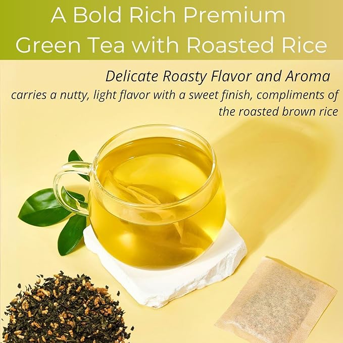 5.29oz Organic Genmaicha Green Tea with Roasted Rice, 50 Count, Unbleached, ECO-Conscious Genmaicha Tea Bags, VitalForest Roasted Green Tea Brown Rice Tea