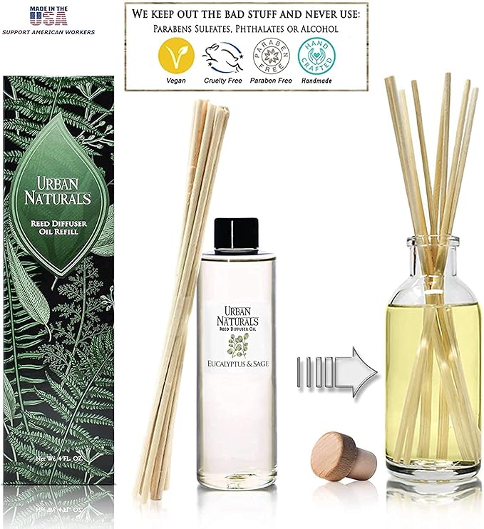 Urban Naturals Eucalyptus & Sage Oil Reed Diffuser Refill | Eucalyptus, Sage, Mint, Lime and Cedarwood| Includes a Free Set of Reed Sticks! 4 oz