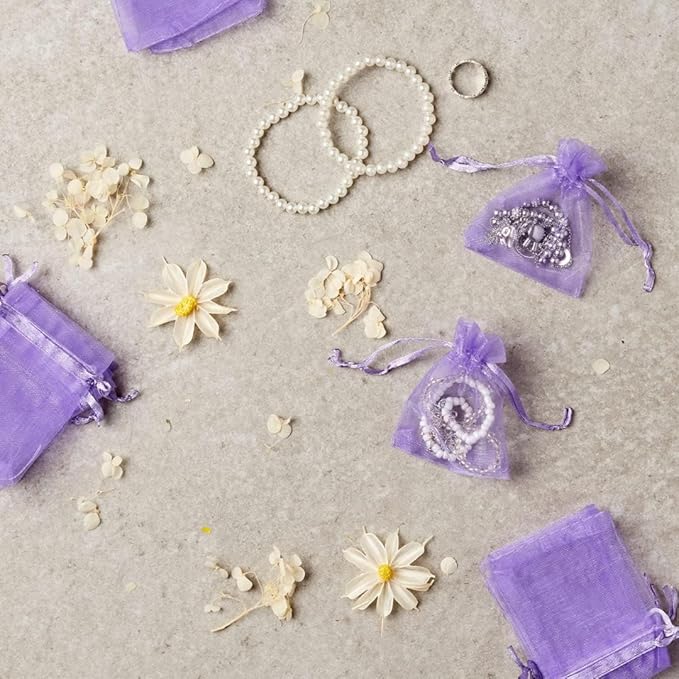 100 Pcs Organza Gift Bags Purple Small Jewelry Pouches Wedding Jewelry Bag 2x3 Inch Favour bags Lavender Bag for Wedding Birthday Party Christmas Candy Mesh Bags