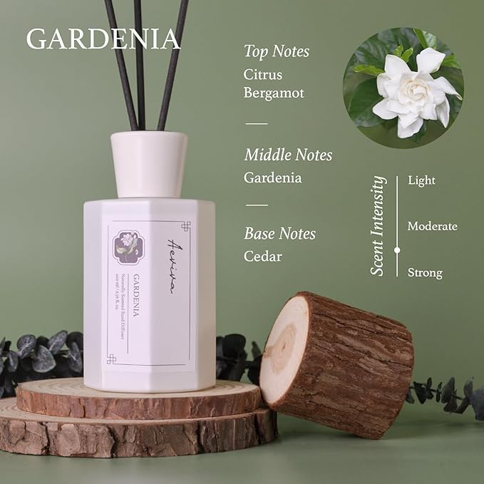 Reed Diffuser Set, 6.76 fl oz Gardenia Scented Oil Diffuser, Home Fragrance with Reed Sticks for Bedroom, Office, Bathroom Shelf Decor & Gifts