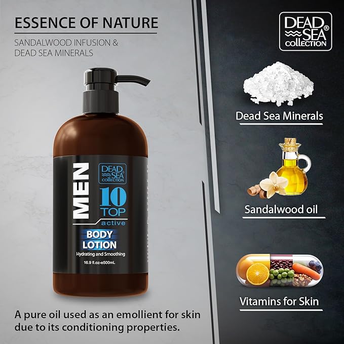 Dead Sea Collection Top 10 Men's Body Lotion – Sandalwood Oil and Dead Sea Minerals - Maximum Hydration Nourishing Moisturizing Lotion for Men - 16.9 Fl Oz Bottle