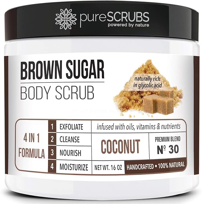 pureSCRUBS Premium Coconut Brown Sugar Scrub | Face, Feet & Full Body Scrub | Large 16oz Jar Includes Wooden Spoon, Loofah & Mini Exfoliating Bar Soap