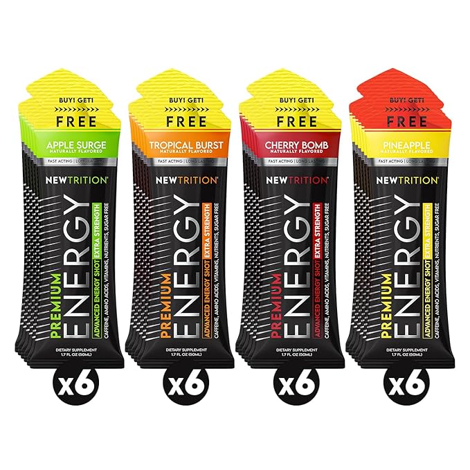 NewTrition® Extra Strength Energy Shots, 250mg Caffeine Energy Shots with Vitamin B & Amino Acids, Sugar-Free Vitamin Energy Shot, 1.7 fl oz (Pack of 24, 4 Flavors - Mixed 2)