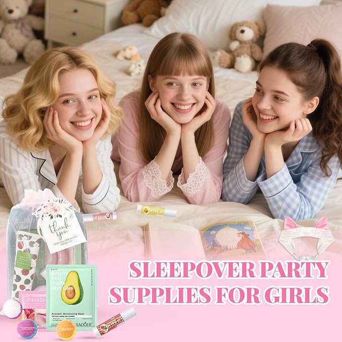 120 PCS Spa Party Supplies for Girls, Sleepover Party Supplies for Girls, Skincare Set, Include Face & Lip Masks, Foot Bath Bombs, Hand Cream, Lip Balm, Under Eye Patches, Spa Birthday Party Favors