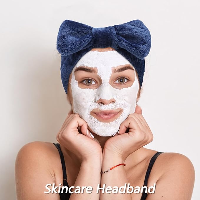 VELSCRUN Spa Headbands for Wash Face, Makeup Headband, Facial Skincare Headbands, 5 Pcs Dark Blue Puffy Sponge Spa Headband Bow Tie Hair Band Hair Clips Wristband Set Women Girls Accessories