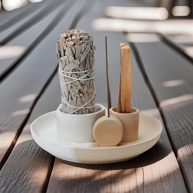 4 in 1 Incense Holder, Ceramic Incense Stick and Palo Santo Holder,Sage Holder for Burning- 5.5" Ceramic Ash Catcher Tray for Meditation and Yoga Room (White Sand)