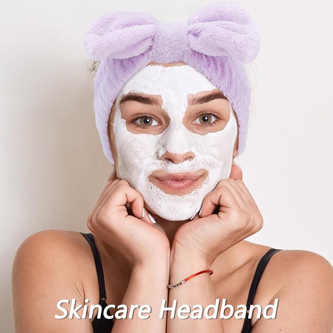 VELSCRUN Spa Headbands for Wash Face, Makeup Headband, Facial Skincare Headbands, 5 Pcs Purple Puffy Sponge Spa Headband Bow Tie Hair Band Hair Clips Wristband Set Women Girls Accessories