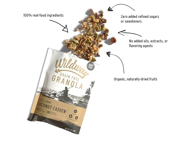Wildway Keto Granola Snack Packs| Coconut Cashew | Grain-Free Certified Gluten-Free Cereal | Vegan, Low Carb & No Sugar Added | Paleo-Friendly, Non-GMO Fruit & Nut Clusters | Nutrient-Rich | 12 Pack