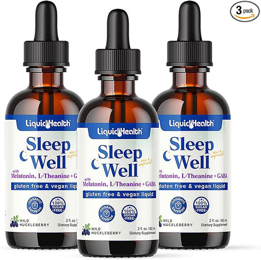 LIQUIDHEALTH Sleep Well Natural Sleep Aid Melatonin Drops - Better Sleep & Mood, Relax & Calm Mind, Fall Asleep Faster Stay Asleep Longer - Made in USA, Vegan, Sugar Free, Drug Free, Non-GMO (3 Pack)